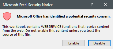 warning generated by excel when using webservice function